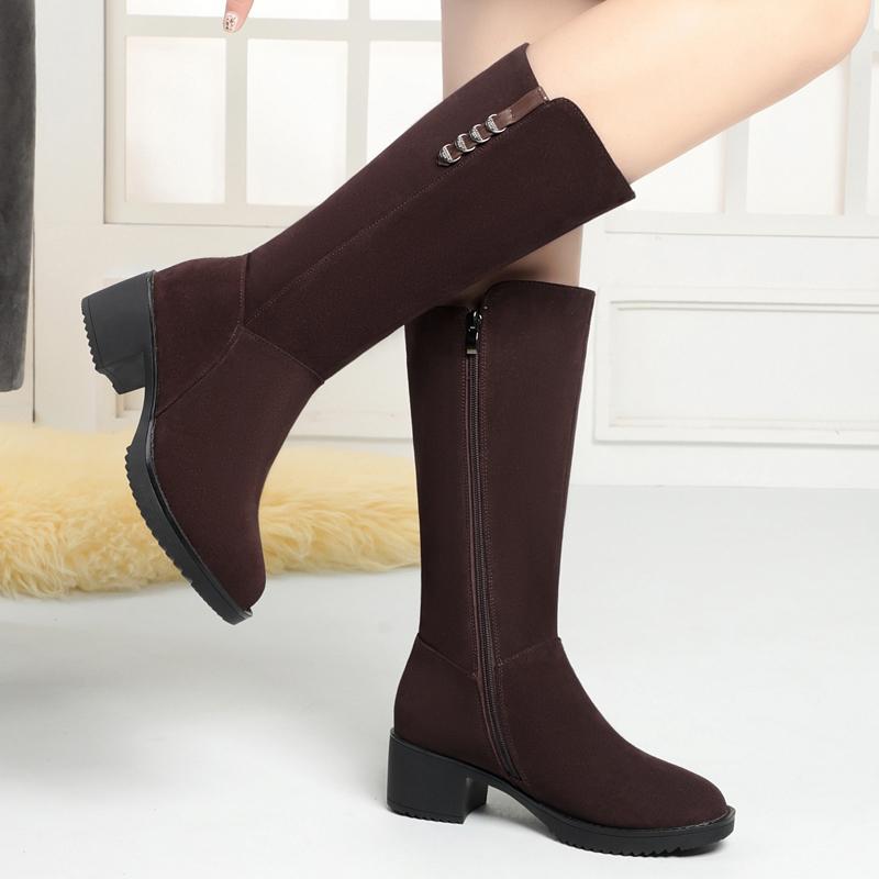 ロングブーツ レディース 女性用 ムートン ウール一体 本革 レザー スエード 裏起毛 裏ボア 太ヒール ラウンドトゥ 通勤 冬 秋冬