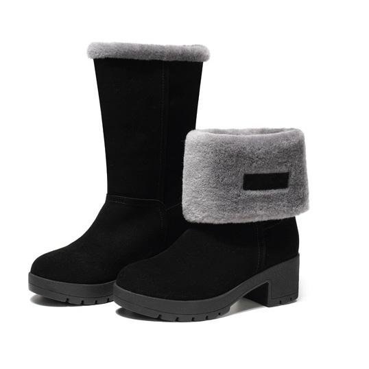 スノーブーツ レディース 女性用 ムートン 本革 防寒 厚底シューズ 秋冬 ミドル丈 ミドルヒール チャンキーヒール 裏ボア 厚手 牛革スエード エレガント プラットフォームソール ラウンドトゥ ラバーソール