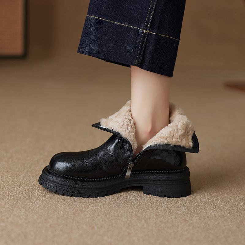 ショートブーツ レディース 厚底 ムートン 裏ボア 保温 サイドジップ レトロ ブリティッシュスタイル 羊革 ミドルヒール カジュアル ラウンドトゥ