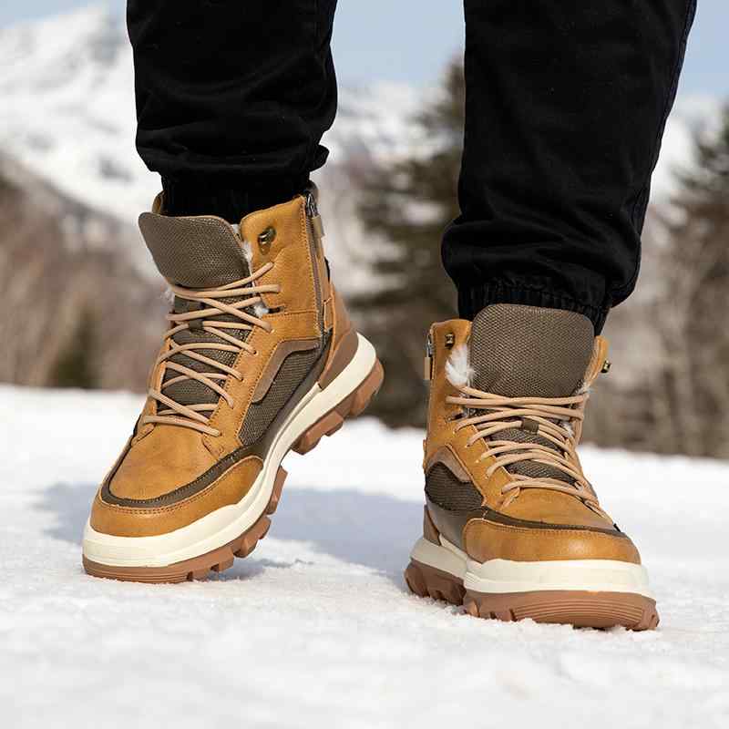 メンズ 男性用 スノー ウィンター ショートブーツ オイルレザー リアルムートン ボア 防水 防滑 保温 防寒 ファスナー 厚底 ラウンドト..