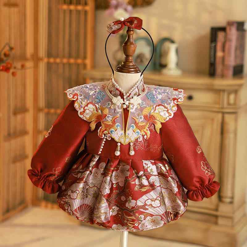 ロンパース ベビー 女の子 1歳 誕生日 バースデー セレモニー 選び取り 中国風 唐装 中国風 ワインレッド 赤 プリンセス風 上品 華やか かわいい ポリエステル 秋冬 裏起毛