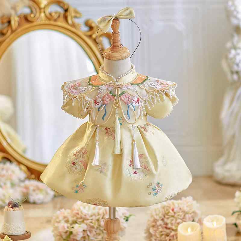 ワンピース 女の子 ベビー 赤ちゃん 1歳 百日祝い 誕生日 祝い着 セレモニードレス プリンセス 唐装 薄手 半袖 春夏 ポリエステル 黄