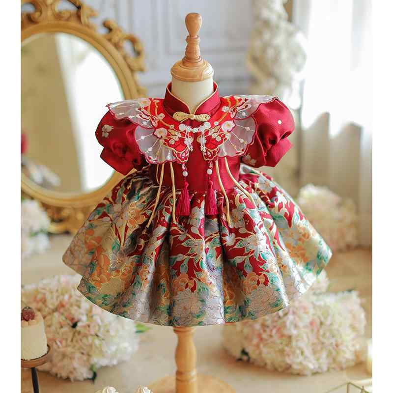 ドレス ベビー 女の子 1歳 百日祝い お祝い セレモニー フォーマル プリンセス ワンピース 半袖 薄手 通気性 赤 春夏