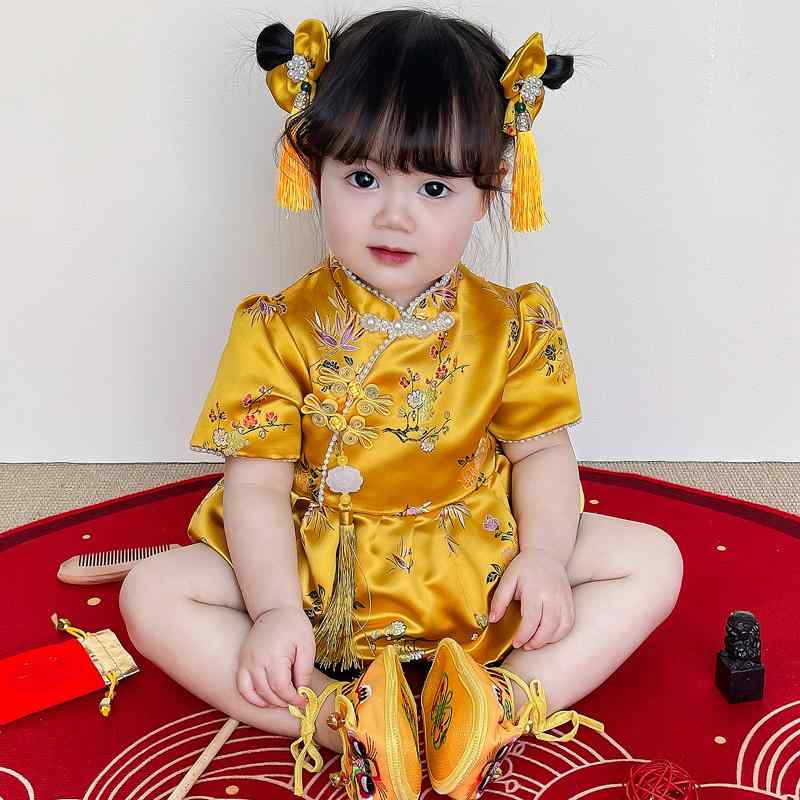 ベビー ロンパース 女の子 ワンピース ドレス カバーオール 唐装 チャイナドレス 中国風 1歳 誕生日 選び取り お祝い 記念日 宴会 フォーマル 発表会 春夏 薄手 ポリエステル 綿混 小花柄 黄