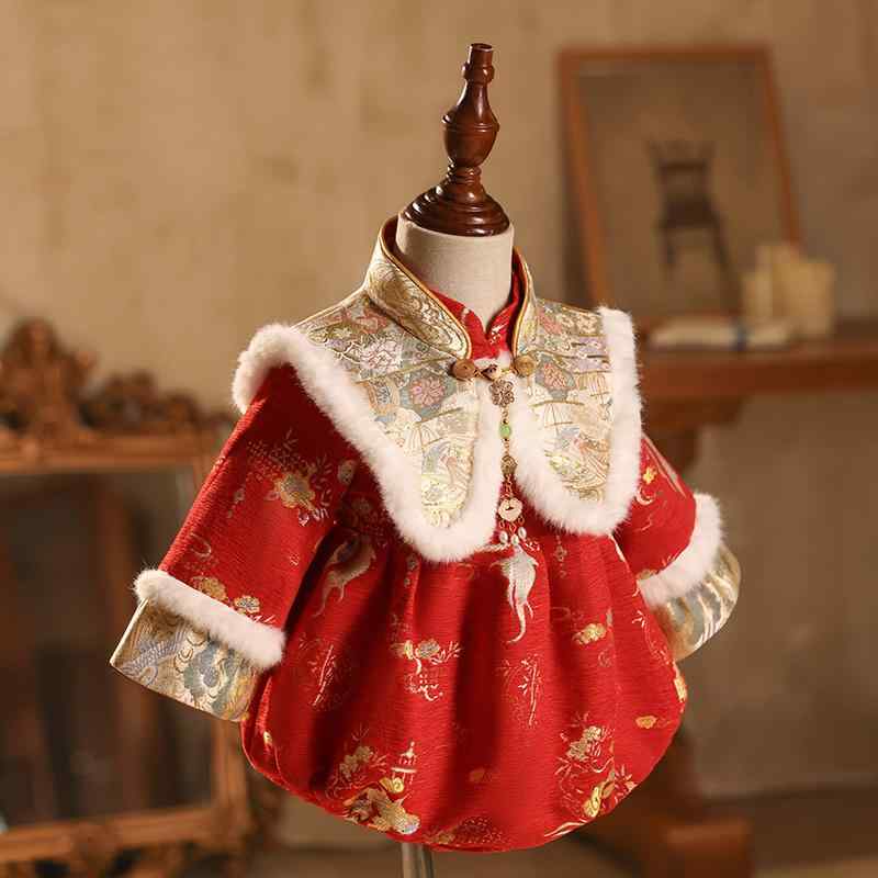 ロンパース 女の子 ベビー 1歳 誕生日 選び取り お正月 ネオチャイニーズスタイル 中国風 唐装 晴れ着 フォーマル 裏起毛 長袖 ポリエステル 赤 秋冬
