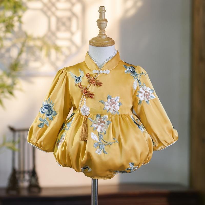 ドレス 女の子 ベビー 赤ちゃん ワンピース 一歳 誕生日 バースデー 宴会 セレモニー フォーマル お祝い 中国風 チャイナ風 唐装 上品 おしゃれ 春秋冬 ゴールド