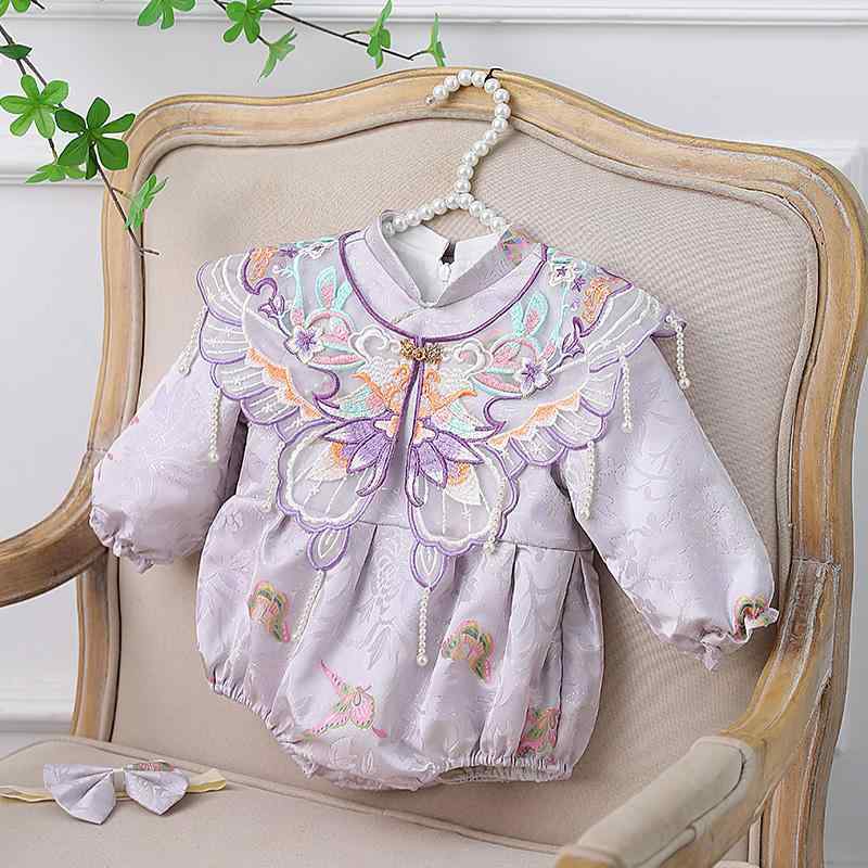 ベビー 女の子 ロンパース チャイナドレス モダンチャイニーズ ワンピース フォーマル セレモニー 衣装 1歳 誕生日 ファーストバースデー 選び取り 百日祝い お食い初め パーティー 記念日 紫 パープル 長袖 秋冬