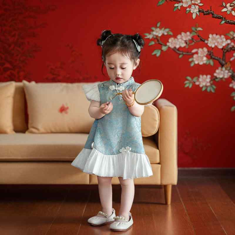 ワンピース 女の子 ベビー キッズ 子供 チャイナドレス 中国風 モダン 型 フリル袖 誕生日 バースデー セレモニー お祝い 発表会 パーティー イベント 夏 黄 赤 青 ドレス