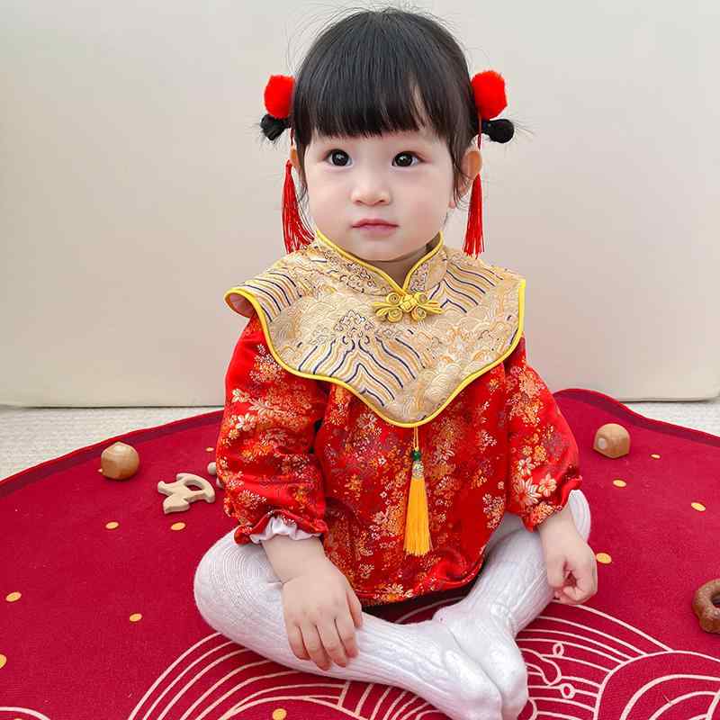 ロンパース ベビー 女の子用 1歳誕生日 選び取り 百日祝い お食い初め セレモニードレス 赤 中国風 チャイナドレス カバーオール フォーマル ポリエステル 綿 花柄