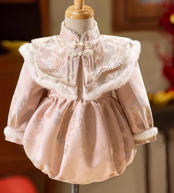 ロンパース ベビー 女の子 冬用 長袖 1歳 誕生日 百日祝い お食い初め お正月 お祝い フォーマル 唐装 チャイナドレス風 織錦 裏起毛 ボディスーツ カバーオール 温かい ポリエステル ピンク