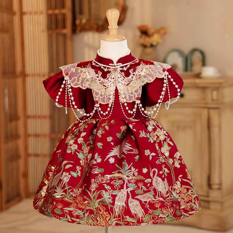 ワンピース ベビー 女の子 子供服 1歳 誕生日 選び取り お祝い セレモニー 中華風 唐装 かわいい プリンセスドレス フォーマル 薄手 ポリエステル 春夏 赤