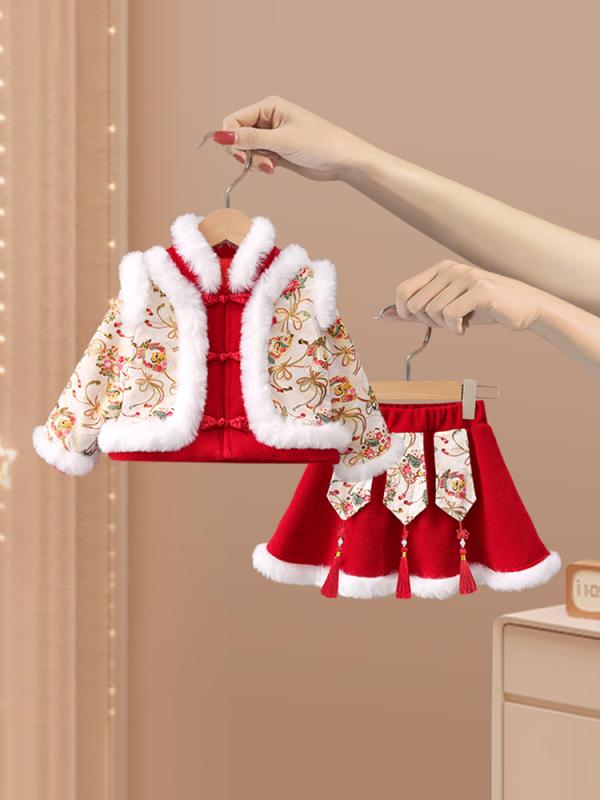 チャイナドレス 女の子 ベビー キッズ 赤 お正月 新年 お祝い 漢服 唐装 冬物 1歳誕生日 礼服 厚手 暖..