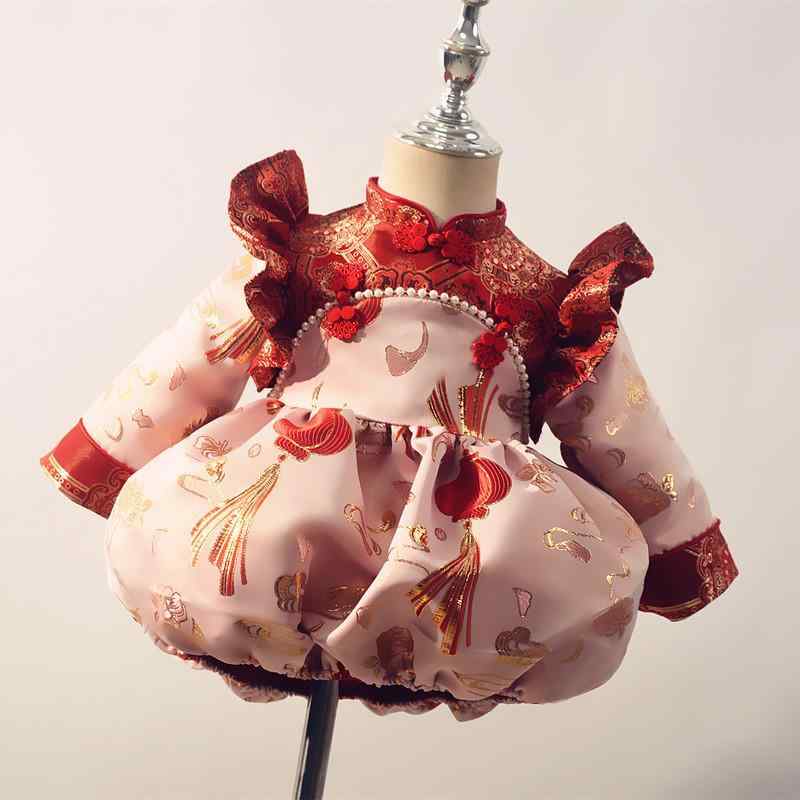 ロンパース 女の子 ベビー チャイナドレス 礼服 中華風 お食い初め 百日祝い 1歳誕生日 お正月 記念日 お祝い フォーマル 長袖 錦織り 小花柄 赤