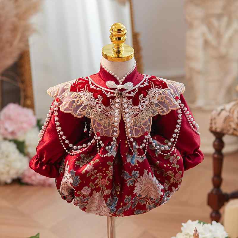 ロンパース 女の子 ベビー キッズ 幼児 1歳お祝い 抓周 初節句 お宮参り お正月 年末年始 赤 レッド 秋冬 唐装 チャイナ服 中国風 エスニック 綿 コットン フォーマル カバーオール