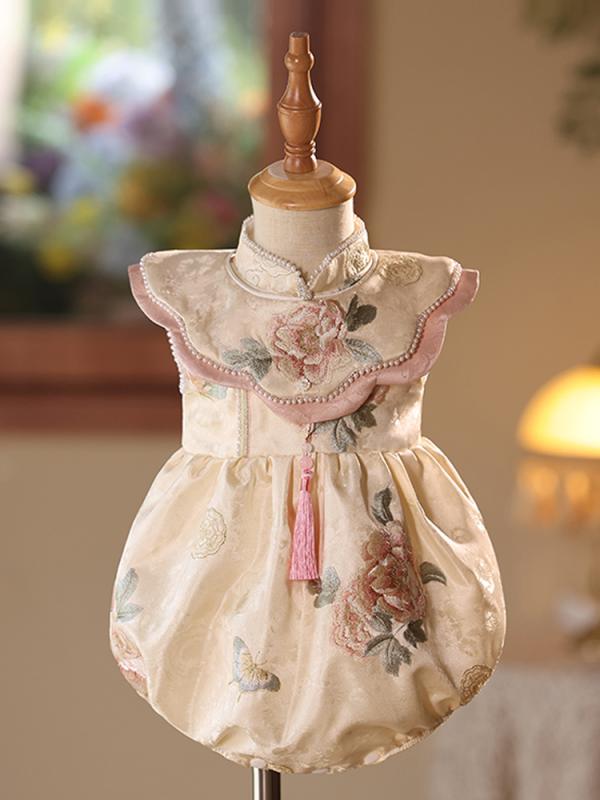 チャイナドレス ベビー 女の子用 1歳 誕生日 お祝い セレモニー 選び取り 牡丹柄 春夏 薄手 ノースリーブ ポリエステル素材 エレガント