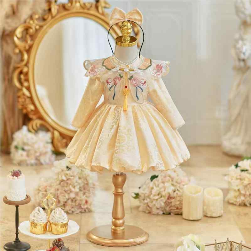 ベビー 女の子 モダンチャイニーズ チャイナ風 唐装 長袖 礼服 ドレス 衣装 薄手 花柄 フォーマル お祝い セレモニー 一歳誕生日 百日祝い 初誕生祝い 黄 秋冬