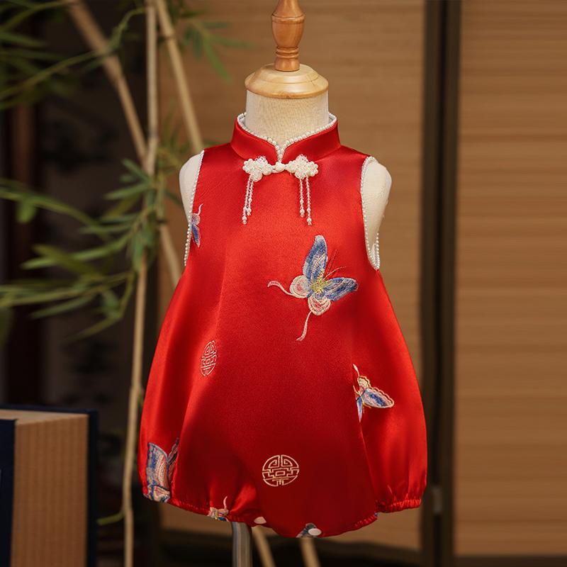 ロンパース ベビー 女の子 中華風 唐装 1歳 誕生日祝い お祝い セレモニー ドレス カバーオール 夏物 ..