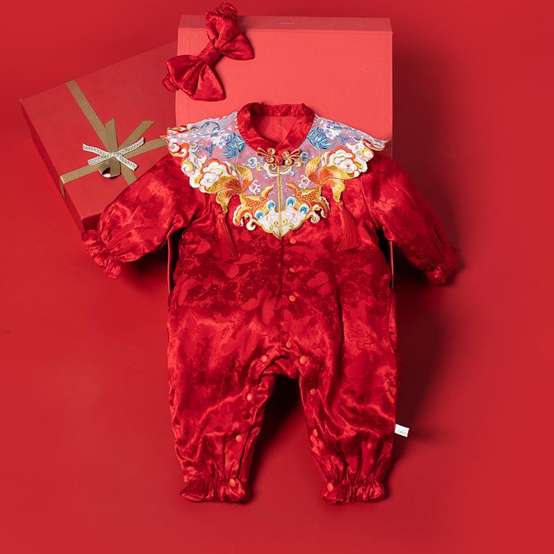 ロンパース ベビー 女の子 中国風 チャイナ風 赤 長袖 1歳 誕生日ドレス お宮参り 100日祝い セレモニー フォーマルウェア 春秋冬 お正月 記念撮影