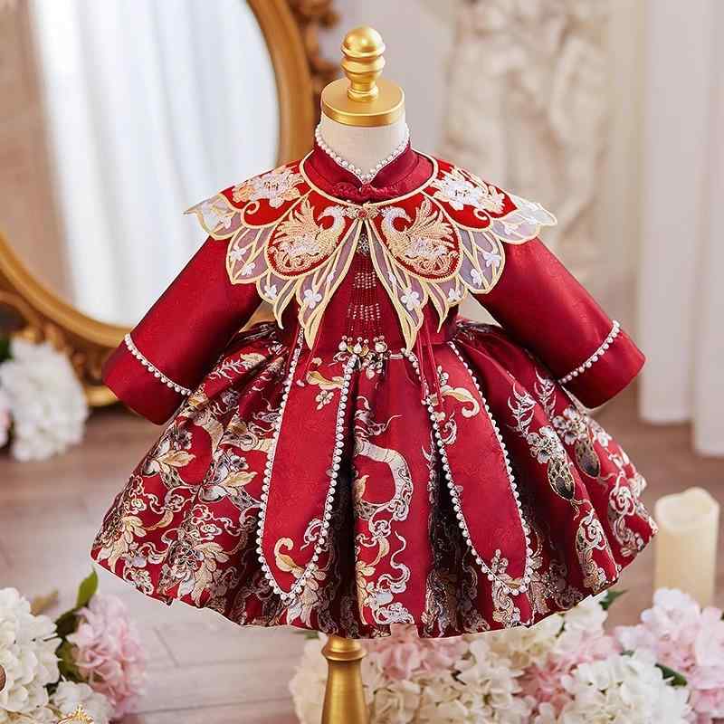 ベビー 女の子 インファント 赤ちゃん フォーマル セレモニードレス プリンセスワンピース 1歳 誕生日 選び取り お祝い 中国風 チャイナ服 長袖 レッド プリント柄