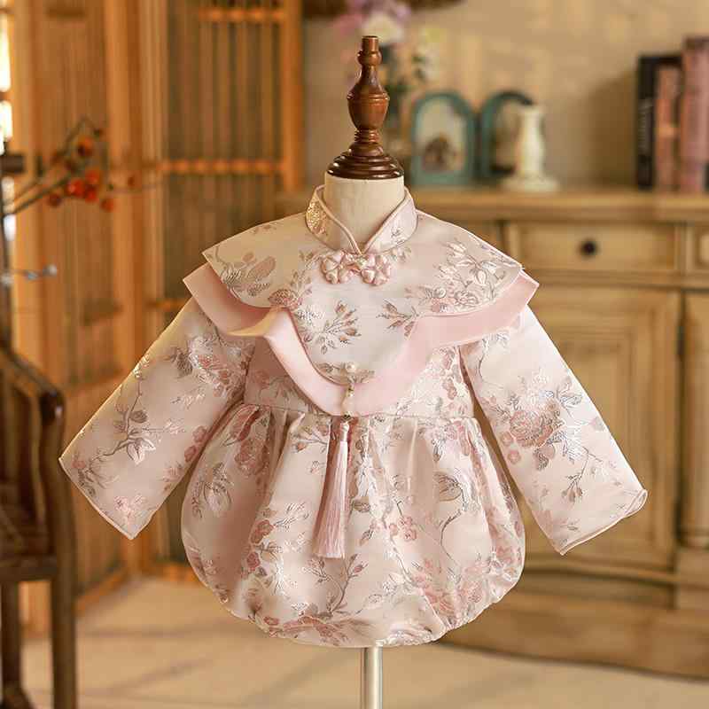 チャイナワンピース ベビー 女の子 ピンク 唐装 長袖 ポリエステル 裏起毛 暖かい 秋冬 1歳 誕生日 セレモニー お祝い 記念日 イベント 乳幼児服