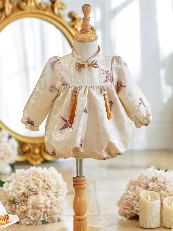 ロンパース ベビー 女の子 長袖 チャイナドレス 中華風 フォーマル セレモニードレス 1歳誕生日パーティー 普段使い 刺繍 伝統的 クラシカル オールシーズン シャンパンカラー