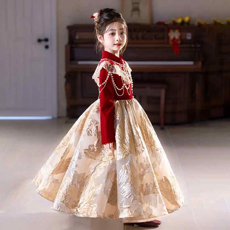 ドレス 子供 キッズ 女の子 中国風 モダンチャイナ プリンセス 雲肩 フォーマル ロング丈 結婚式 発表..