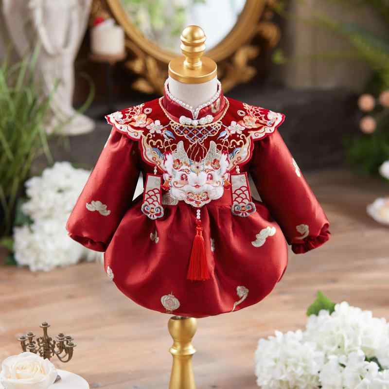 ロンパース ベビー 女の子 1歳 誕生日 選び取り お祝い フォーマルドレス セレモニードレス 新中国風 モダンチャイニーズ 華やか チャイナドレス 唐装 赤 長袖 春秋冬