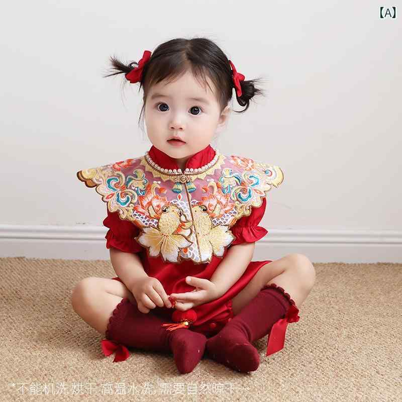 ロンパース カバーオール 女の子 ベビー 錦鯉蓮蓮柄 チャイナ風 かわいい セレモニードレス ワンピース お宮参り 100日祝い お食い初め 誕生日 記念日 半袖 春夏 前開き 股開き