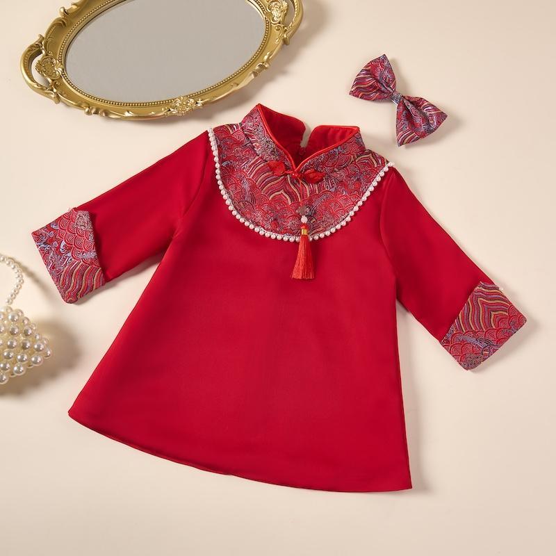 ワンピース 女の子 ベビー 1歳 誕生日 選び取り お祝い パーティー お正月 セレモニー フォーマル チャイナドレス 中国風 プリンセス 礼服 長袖 半袖 リボン 綿混 ポリエステル 秋冬 ピンク レッド