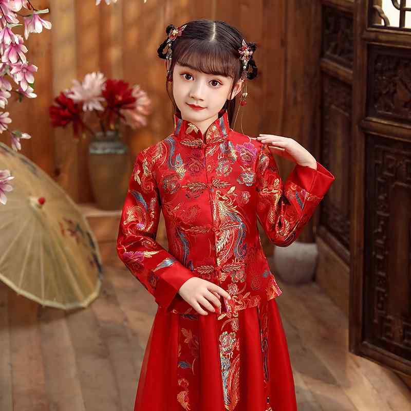 礼服 キッズ 男女兼用 中国風 チャイナ服 伝統衣装 赤 龍鳳柄 中国結び柄 光沢サテン ポリエステル お正月 発表会 結婚式 花童 フォーマル パーティー イベント 舞台衣装