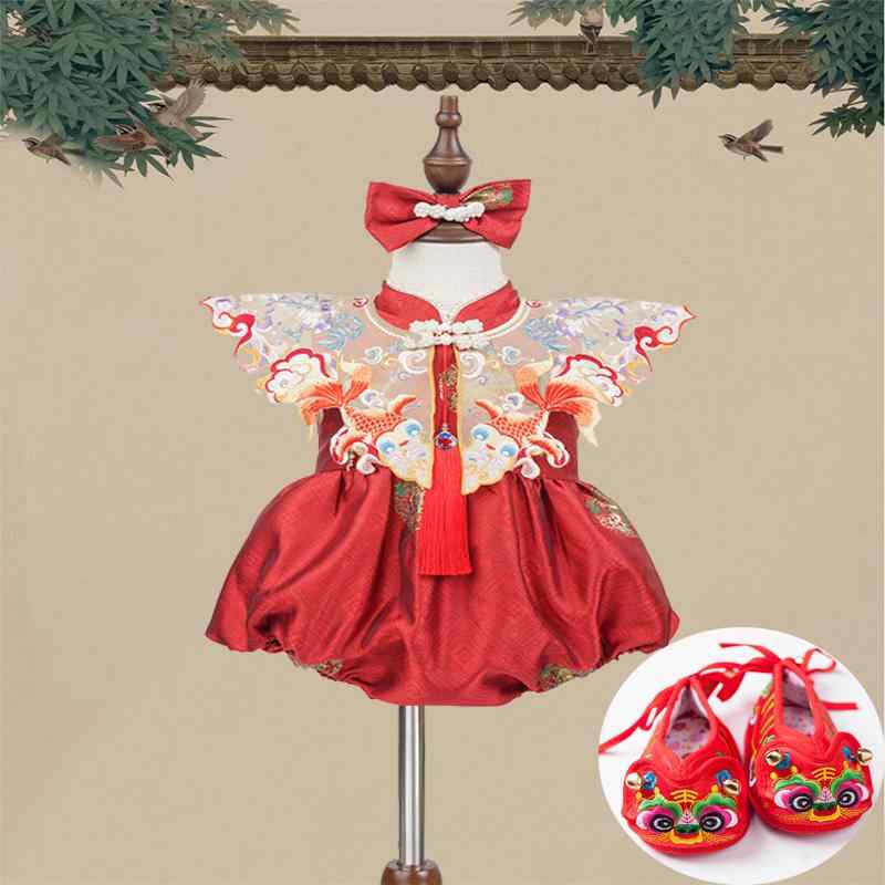 チャイナドレス 女の子 ベビー 1歳 誕生日 選び取り 唐装 ロンパース 刺繍 中国風 フォーマル 赤 ワインレッド 上品 かわいい お祝い イベント 夏物 ポリエステル