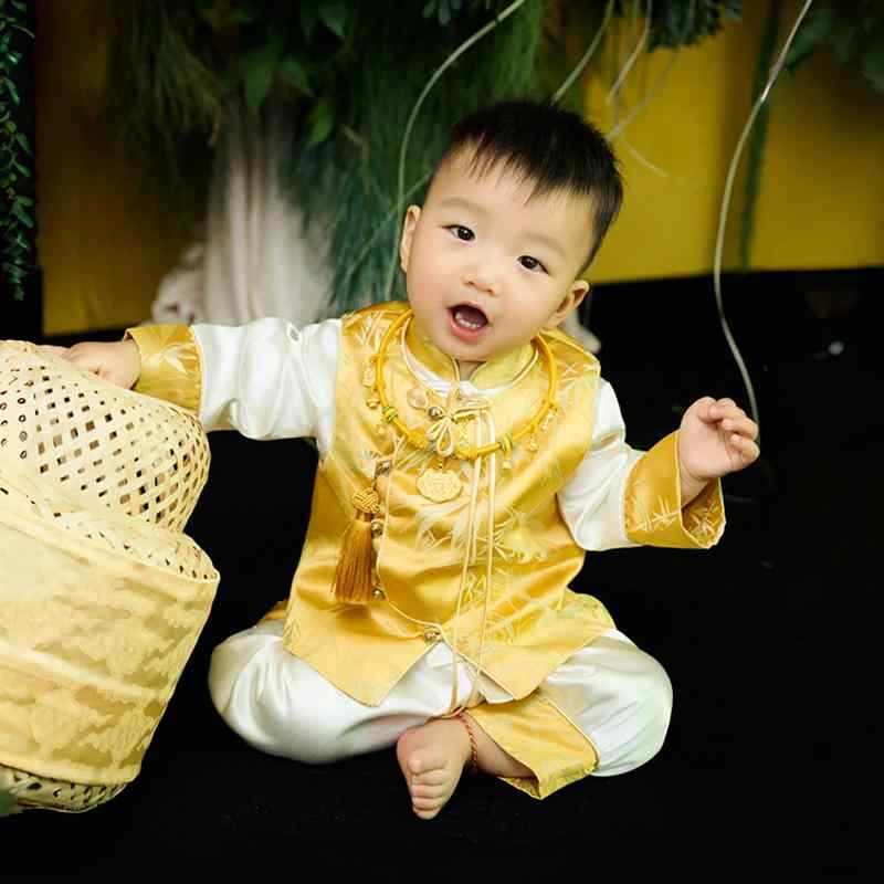 唐装 男の子 一歳 誕生日祝い 百日祝い 選び取り セレモニードレス 記念撮影 初節句 中華風 伝統古典 ジャカード織り 竹紋柄 ポリエステル 長袖 春秋