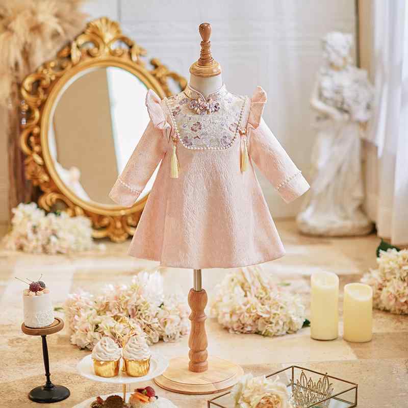 チャイナドレス ベビー 女の子 満1歳 誕生日 選び取り お祝い プリンセスドレス キッズ かわいい フォーマル セレモニー 長袖 秋冬 ピンク 厚手