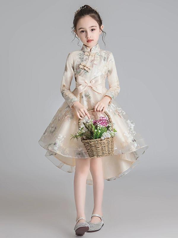 ドレス キッズ 女の子 フォーマル プリンセスドレス 誕生日 発表会 舞台衣装 フラワーガール 司会 中華風 チャイナ風 ふわふわ ボリューム ポリエステル シャンパン ピンク ワンピース