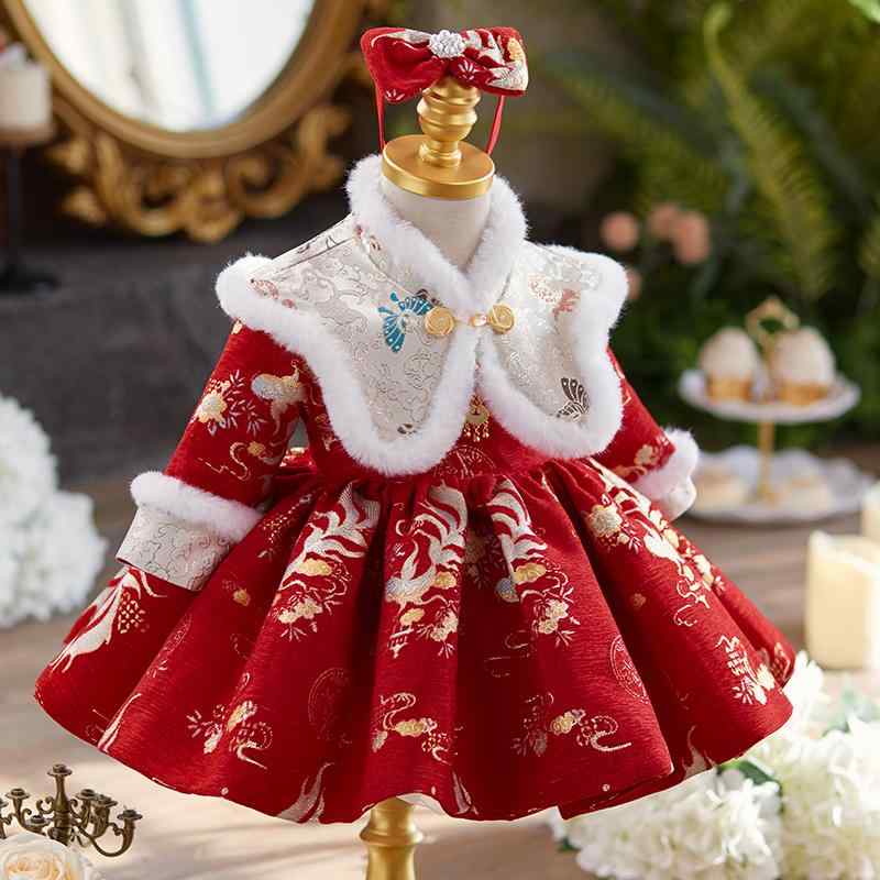 ワンピース 女の子 ベビー プリンセス チャイナ風 唐装 選び取り 百日祝い ファーストバースデー お正月 赤 厚手 長袖 フォーマル 礼服 かわいい 華やか 春秋冬