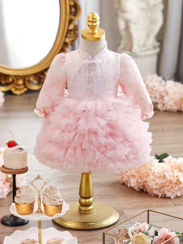 ワンピース ベビー 女の子 ピンク 長袖 新中国風 チャイナドレス 1歳 誕生日 選び取り 100日祝い プリンセス フォーマルドレス お祝い セレモニー