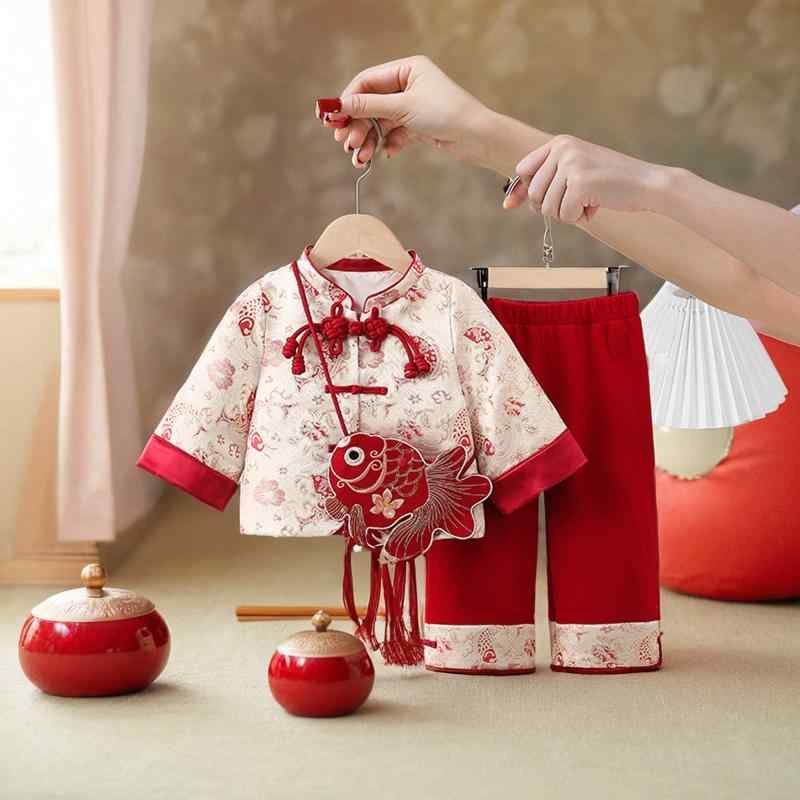漢服 子供服 女の子 男の子 ベビー 1歳 中華風 国風 唐装 誕生日 お祝い お正月 年賀 記念撮影 フォーマル 礼服 セットアップ ポリエステル 綿 裏地 秋冬 小花柄 赤