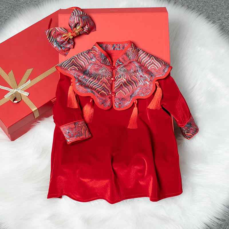 ワンピース 女の子 ベビー ドレス 一歳 誕生日 百日祝い お宮参り 選び取り セレモニー 礼服 新中国風 モダンチャイナ Aライン 赤 レッド 春夏秋冬