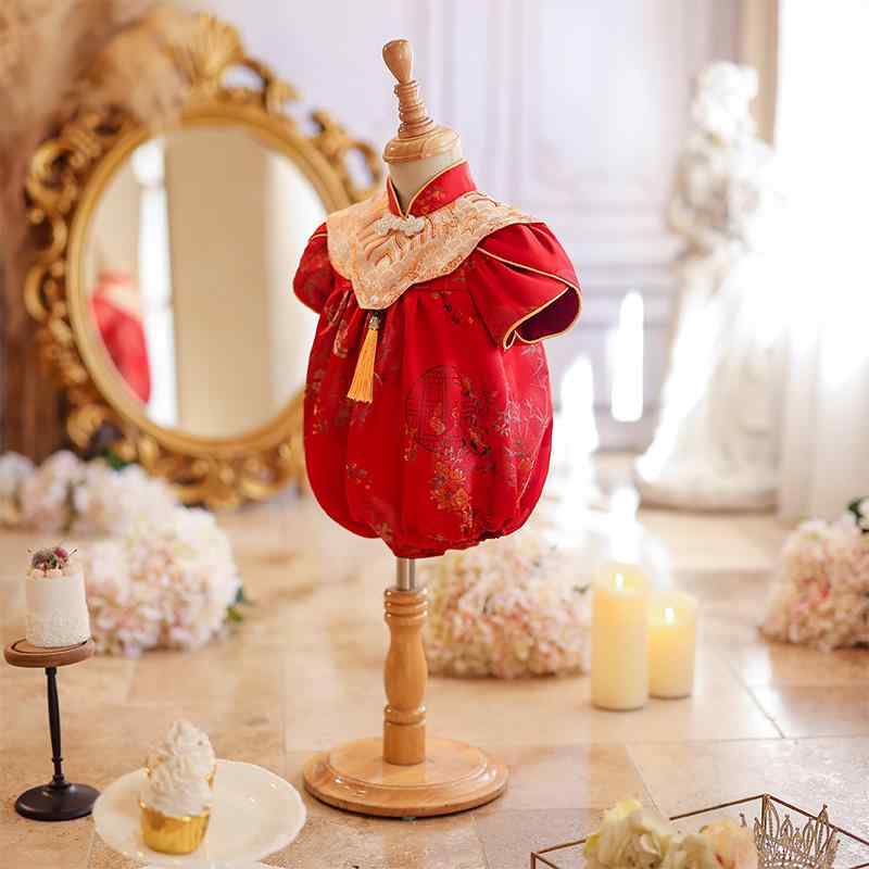 ロンパース ベビー 女の子 1歳 初誕生日 お祝い 記念撮影 セレモニー お宮参り チャイナ風 半袖 赤 華やか カバーオール つなぎ 小花柄 上品 かわいい おしゃれ 普段使い お出かけ