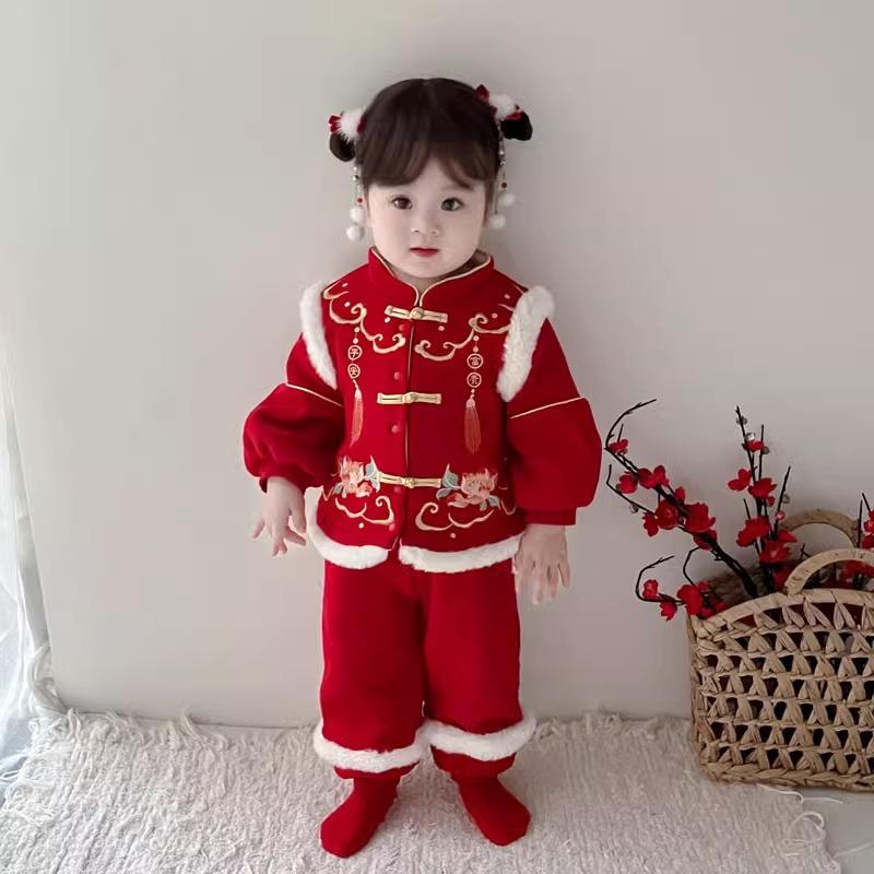 ベビー服 女の子 1歳 誕生日祝い 秋冬 セットアップ セレモニードレス フォーマル 中華風 伝統 裏起毛 防寒 お正月 新年 初節句 記念撮影 レッド