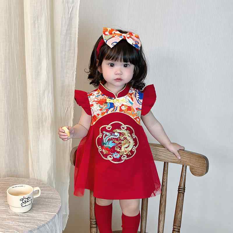 ワンピース 女の子 ベビー 赤ちゃん 1歳 誕生日 バースデー 選び取り 中国風 チャイナドレス フォーマルセレモニー 春夏 薄手 軽量 ノースリーブ コットン 刺繍 ワインレッド スタンドカラー ミディ丈 ドレス