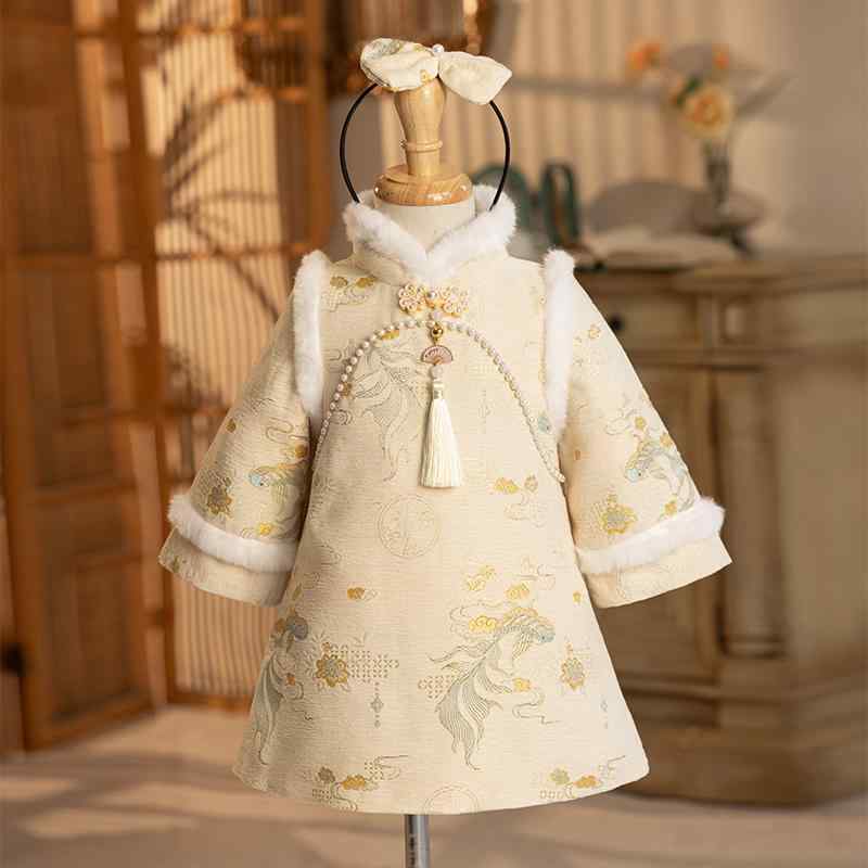ワンピース 女の子 ベビー 中華風 チャイナドレス 1歳 誕生日 お祝い 裏起毛 プリンセスドレス 秋冬 ポリエステル製 イベント パーティー 画像色 ワインレッド