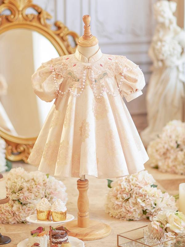 ドレス 女の子 ベビー キッズ 百日祝い 1歳 誕生日 バースデーセレモニー 選び取り 記念撮影 チャイナ風 唐装 パフスリーブ プリンセスドレス かわいい 華やか ピンク 半袖