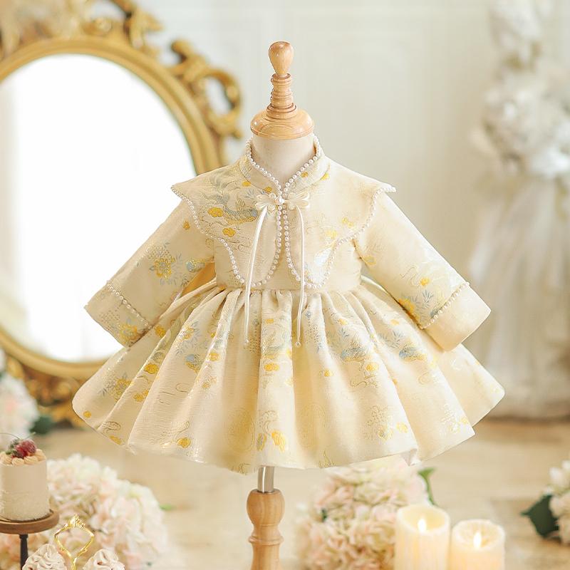 ワンピース 女の子 ベビー 1歳児 選び取り 誕生日 セレモニードレス 長袖 おしゃれ 上品 華やか 中華風 唐装 印花柄 春秋 フォーマル お祝い イベント 記念撮影