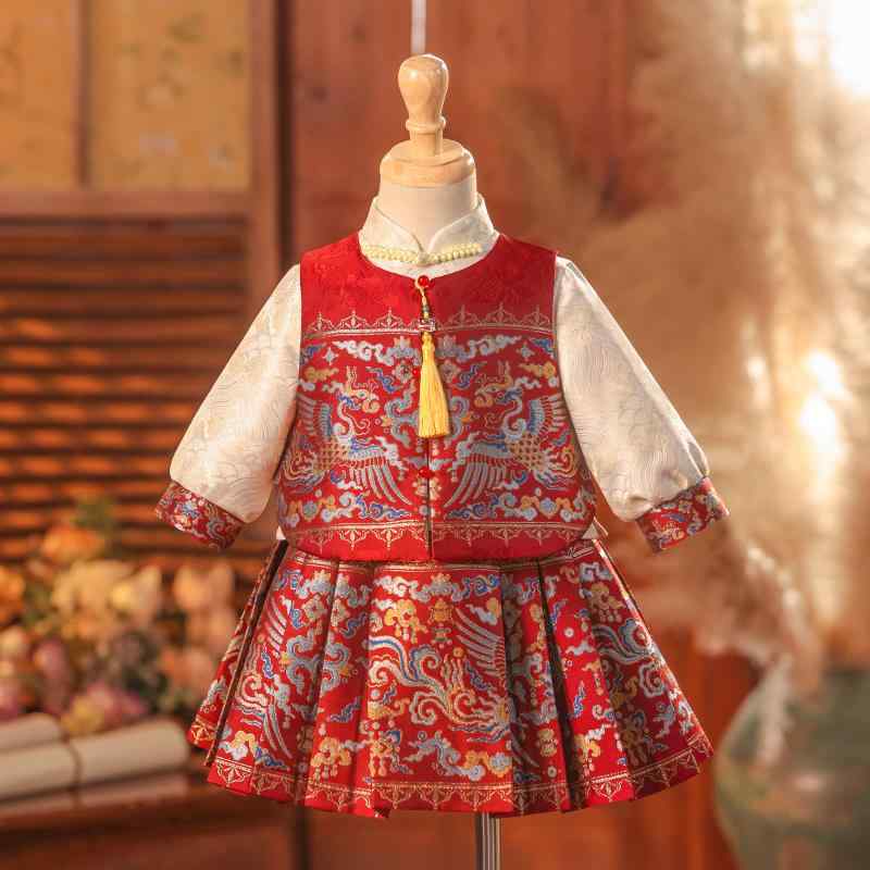 ドレス 女の子 ベビー 赤ちゃん 子供用 一歳 誕生日 記念日 祝い服 セレモニー お宮参り フォーマル 発表会 結婚式 漢服 馬面スカート セットアップ 錦織...