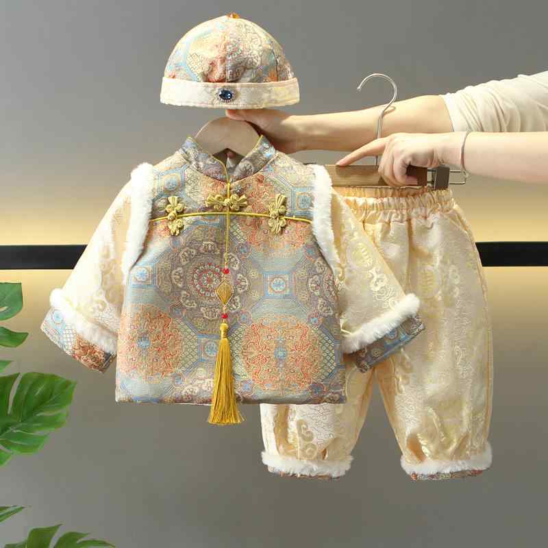 ベビー服 男の子 唐装 チャイナジャケット チャイナスーツ 1歳誕生日 初節句 お正月 記念日 選び取り フォーマルウェア 厚手 長袖 綿混紡 秋冬 金黄色 赤ちゃん 乳幼児