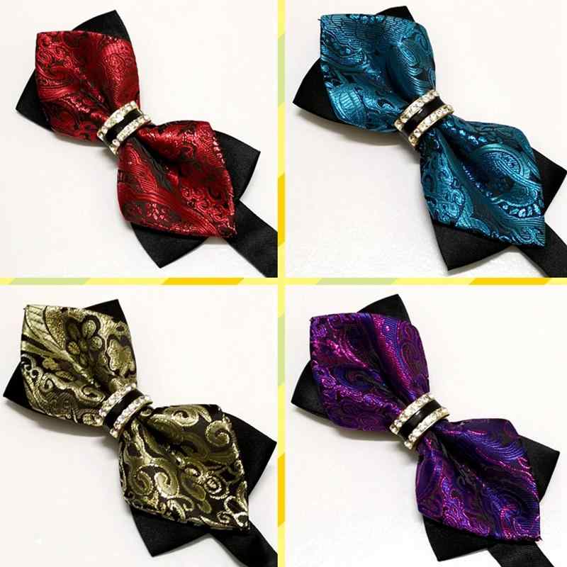 蝶ネクタイ キラキラ おしゃれ メンズ 結婚式 ウェディング 新郎 介添人 フォーマル 正装 英国風 韓国 尖った ラインストーン 装飾 スーツ シャツ ボウタイ ペイズリー柄 ストライプ 光沢 赤 青 紫 金