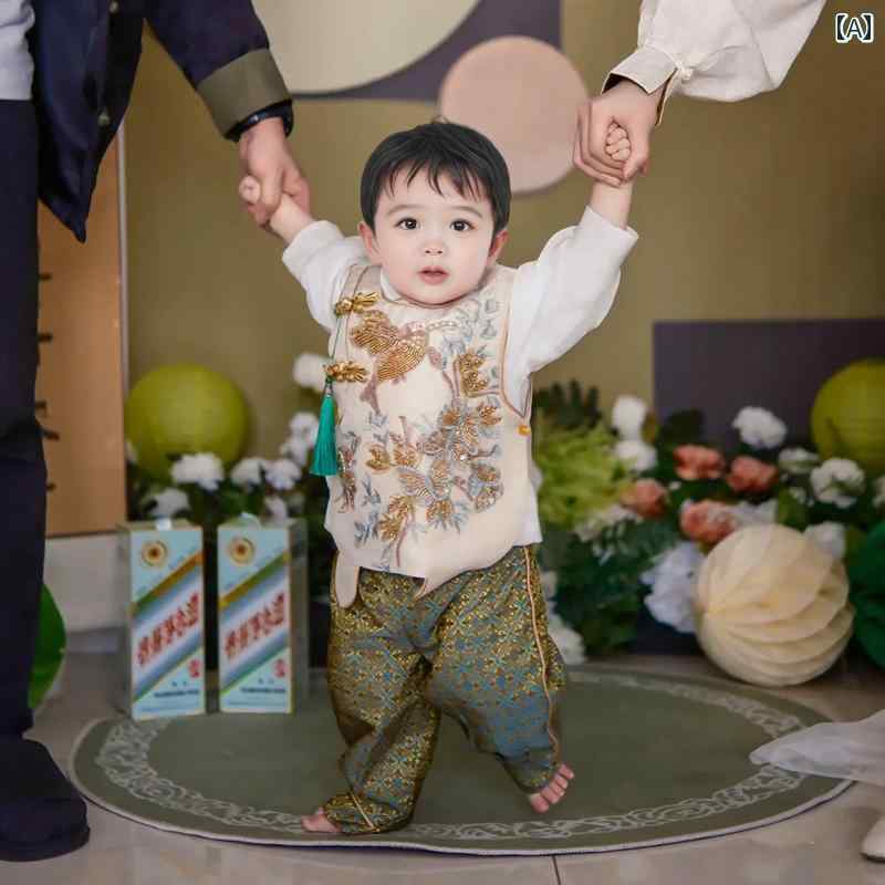 ベビー服 男の子 男児 幼児 子供 唐装 1歳 誕生日 記念日 抓周 つかみ取り お祝い グリーン 山水柄 長..