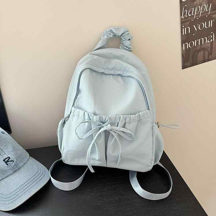 ダンス レッスン バッグ おしゃれ リュックサック キッズ 女の子 習い事 通学 大容量 シンプル カジュアル 軽量 鞄 ポケット コードストッパー リボン 装飾 無地 ファスナー ギャザー アイボリー ブルー