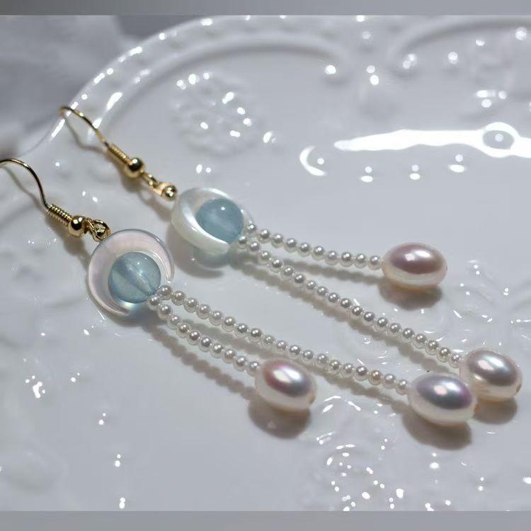 Beads - ピアス レディース アクセサリー おしゃれ イヤリング アクアマリン 淡水パール 蝶貝 星 チャイナ ドレス 漢服 普段使い パーティー 華やか 揺れる